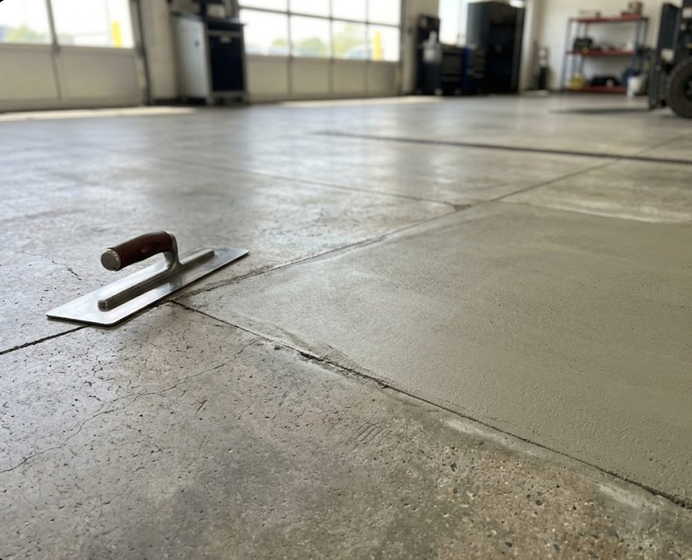 Freshly patched concrete floor section with trowel