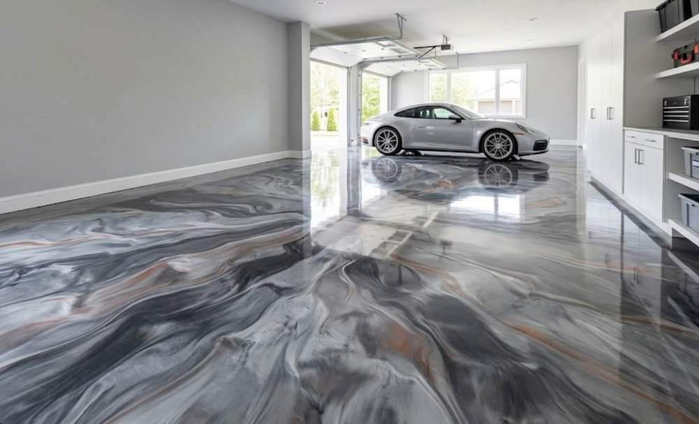 Metallic epoxy garage floor with high-gloss finish