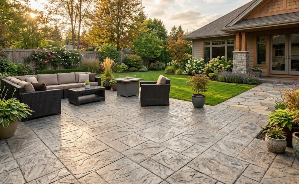 Stamped decorative concrete backyard patio